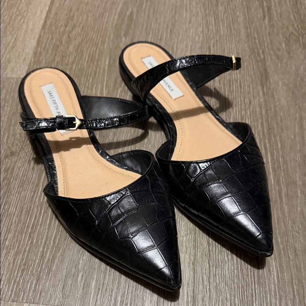 Saks Fifth Avenue Black Croc-Embossed Mules